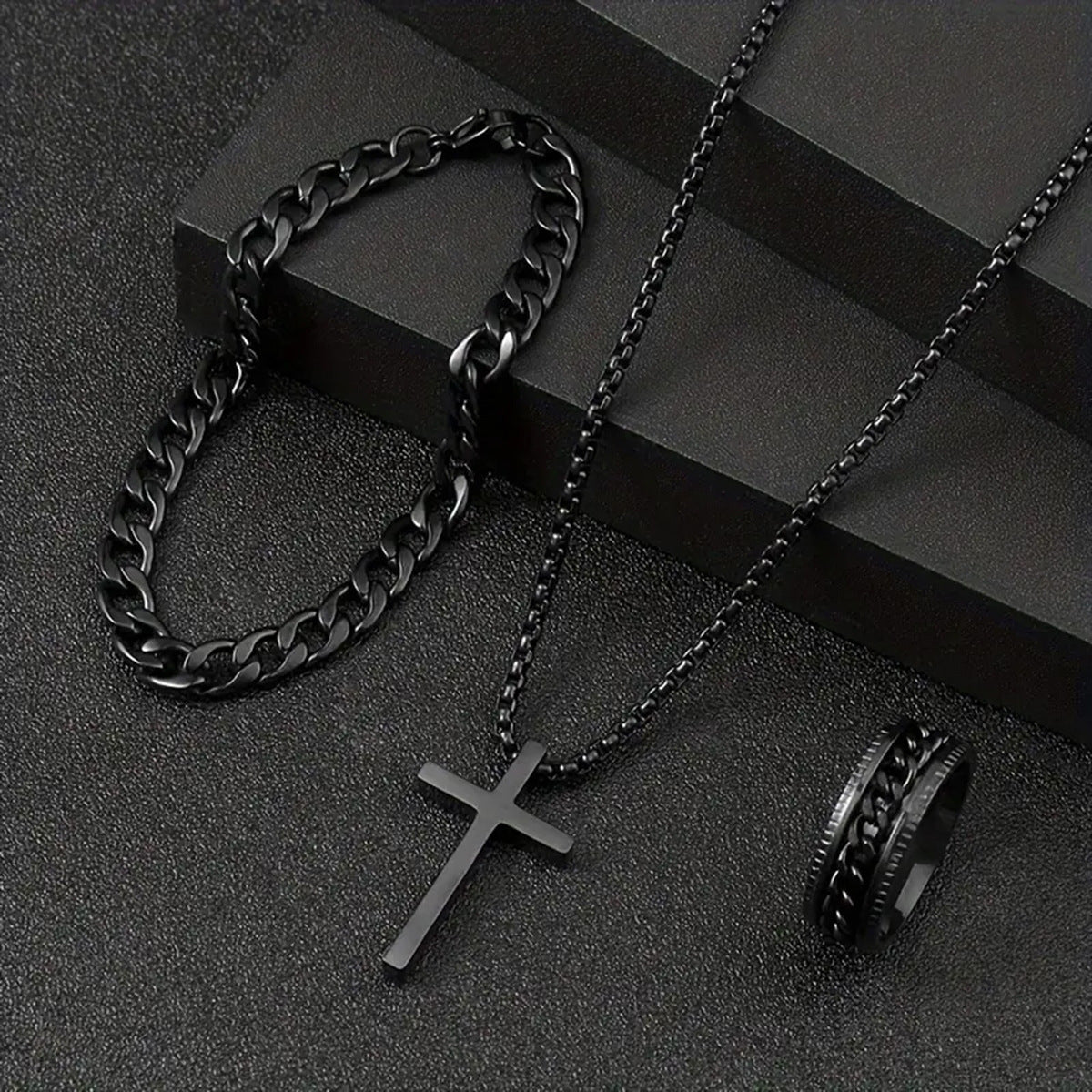 Herren Kreuz Halskette Ring Armband Set