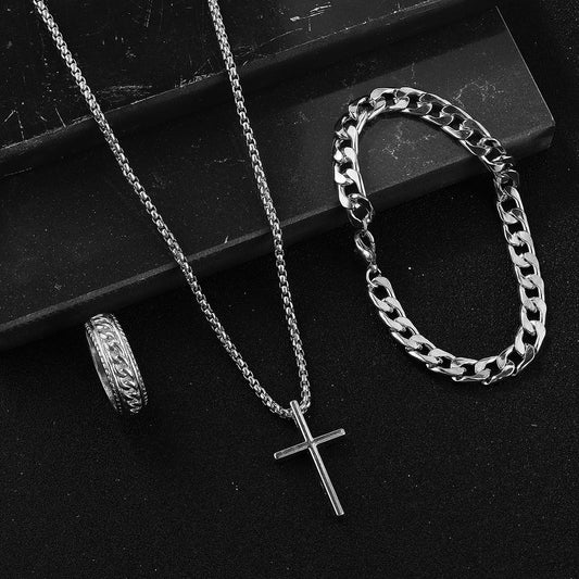 Men's Cross Necklace Ring Bracelet Set